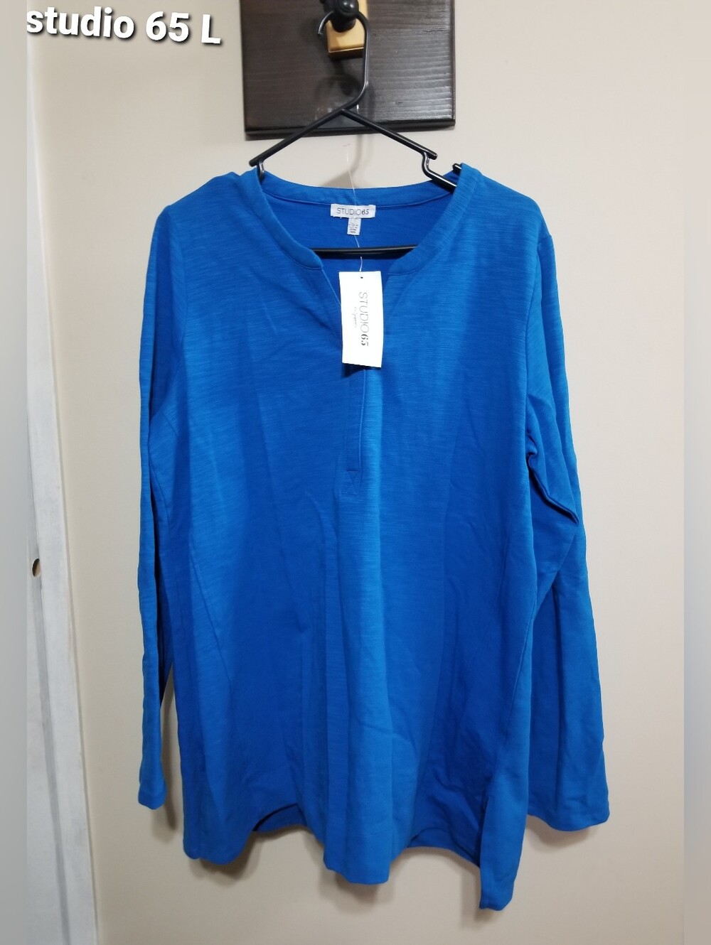 Studio 65 Royal Blue Long Sleeve Henley Top Large Tunic Nwtags